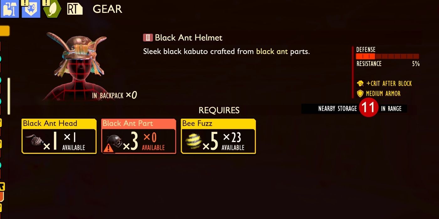 Black Ant Helmet with its crafting requirements in the inventory in Grounded.