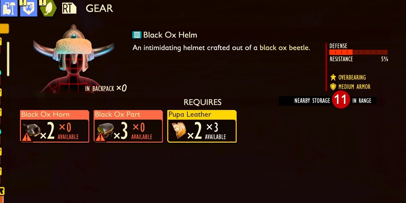 Black Ox Helm with its crafting requirements in the inventory in Grounded.