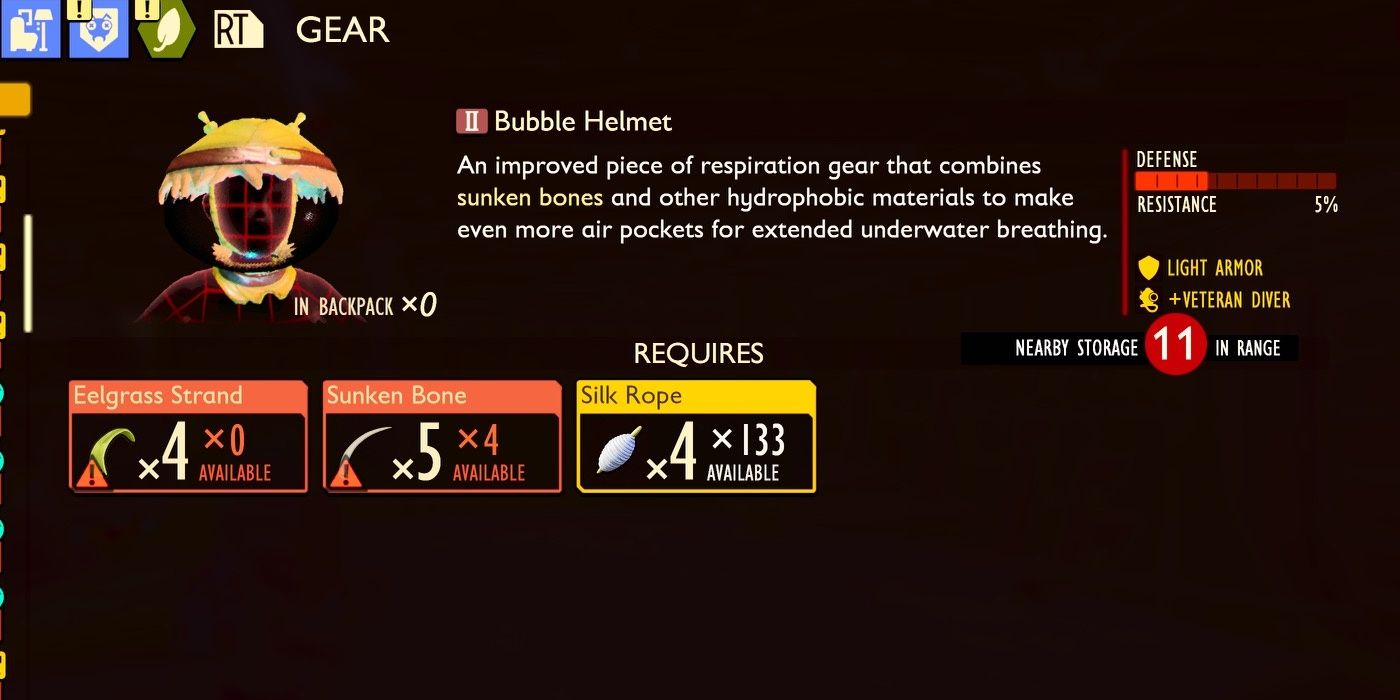 Bubble Helmet with its crafting requirements in the inventory in Grounded.