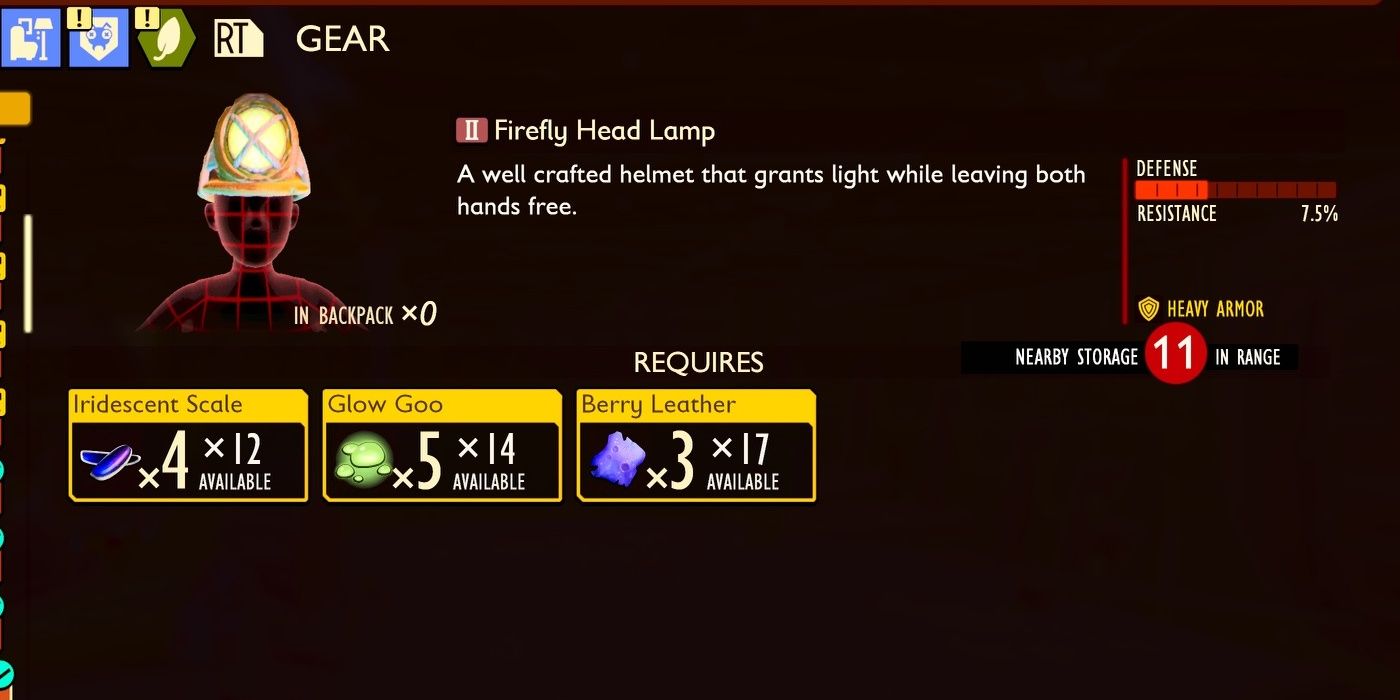 Firefly Head Lamp with its crafting requirements in the inventory in Grounded.