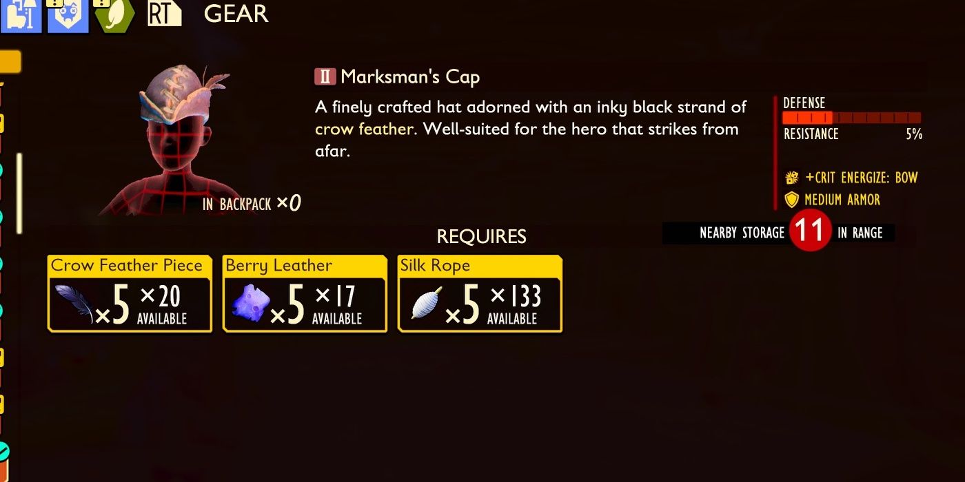Marksman's Cap with its crafting requirements in the inventory in Grounded.