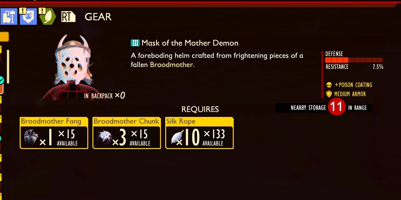 Mask Of The Mother Demon with its crafting requirements in the inventory in Grounded.