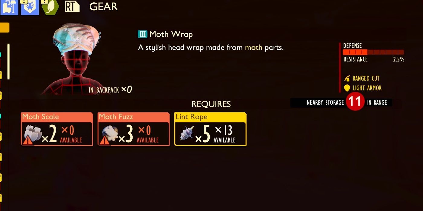 Moth Wrap with its crafting requirements in the inventory in Grounded.