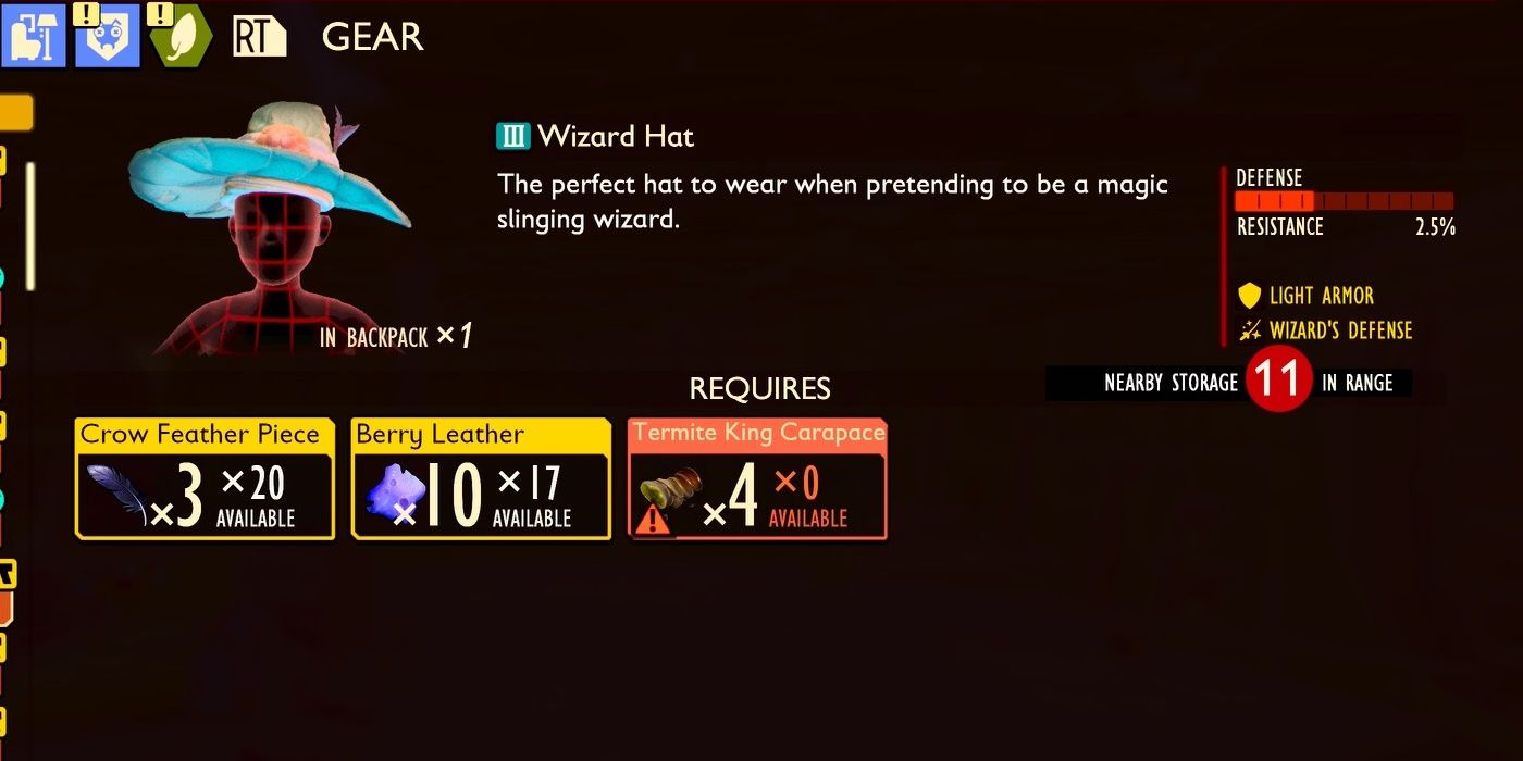 Wizard Hat with its crafting requirements in the inventory in Grounded.