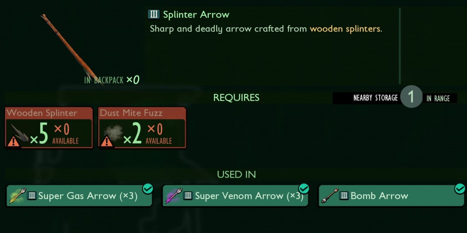 Splinter Arrow and its recipe.