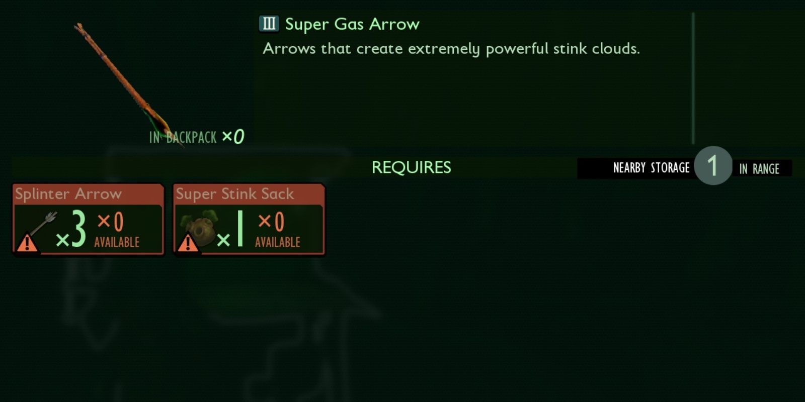 Super Gas Arrow's effect and recipe.