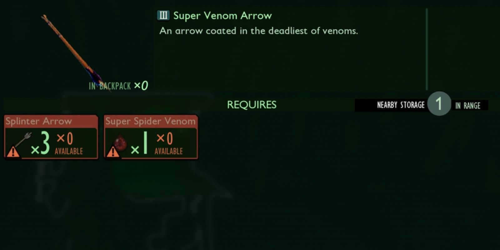 The Super Venom arrow and its recipe.