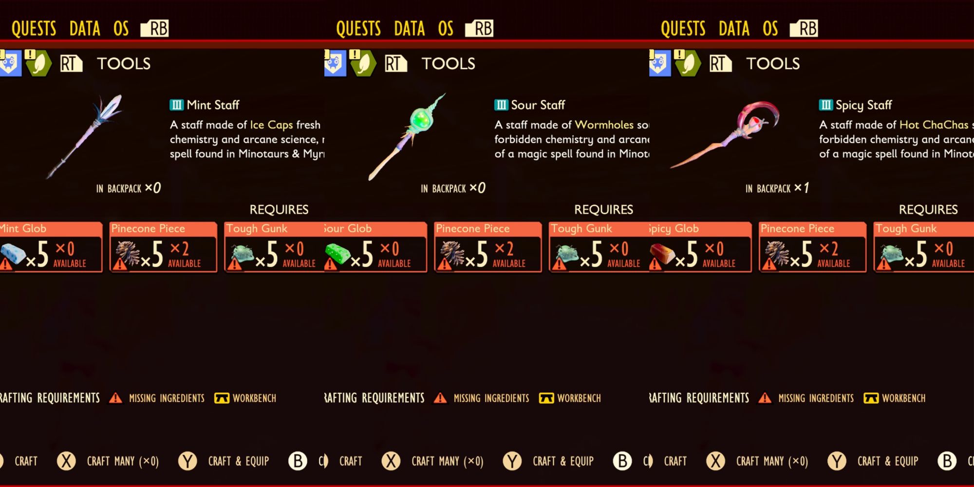 Mint, Sour, and Spicy Staves and their crafting requirements in the inventory menu in Grounded.