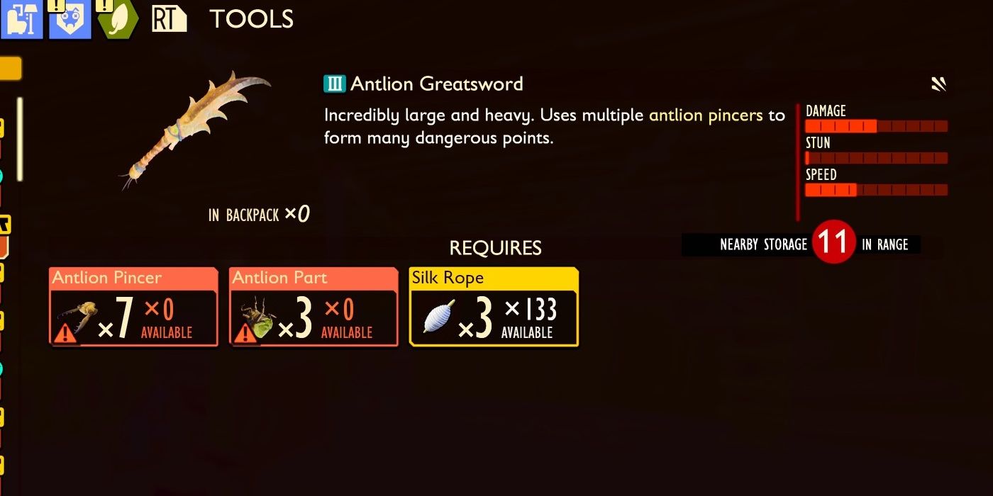  Antlion Greatsword and its crafting requirements in the inventory menu in Grounded.