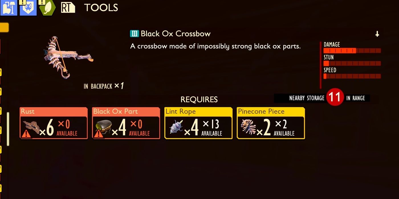 Black Ox Crossbow and its crafting requirements in the inventory menu in Grounded.