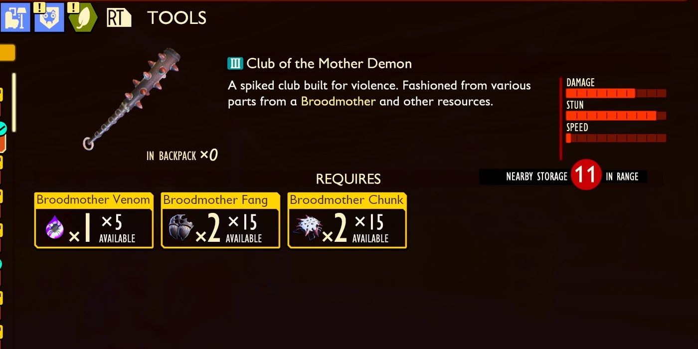 Club Of The Mother Demon and its crafting requirements in the inventory menu in Grounded.