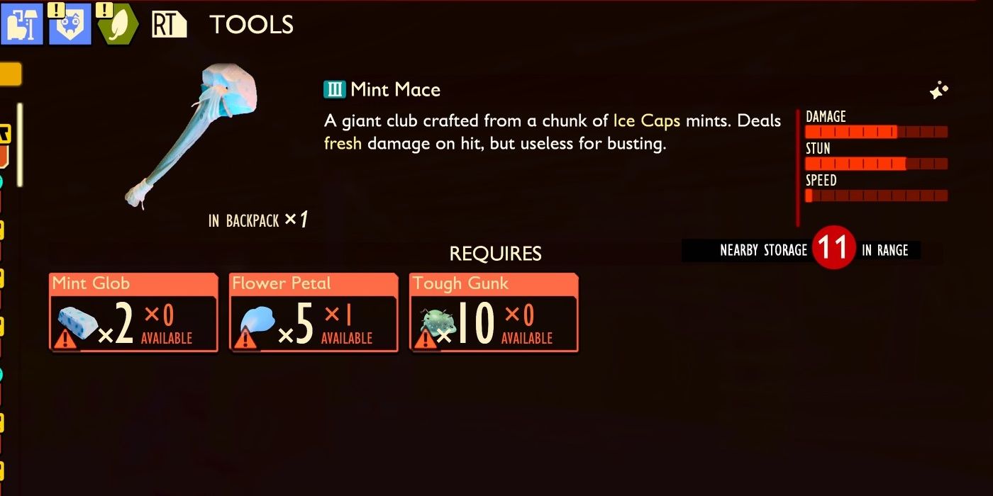 Mint Mace and its crafting requirements in the inventory menu in Grounded.