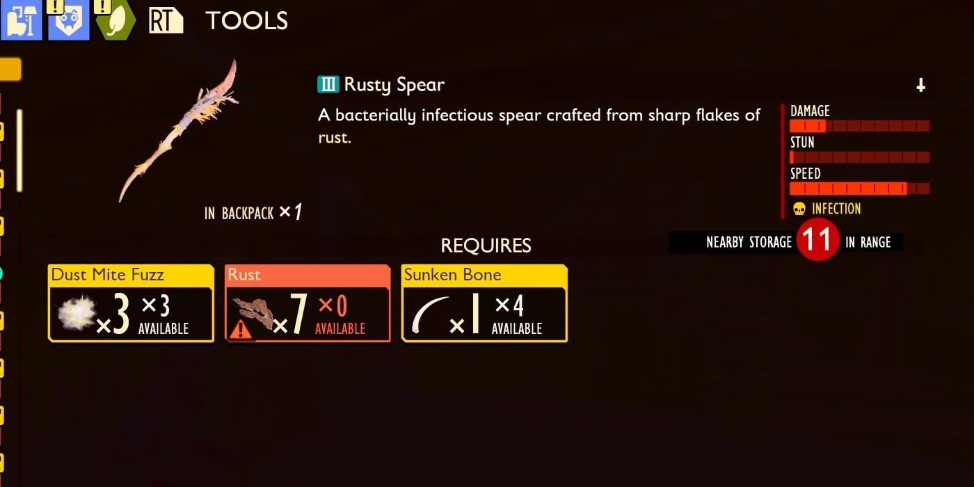 Rusty Spear and its crafting requirements in the inventory menu in Grounded.
