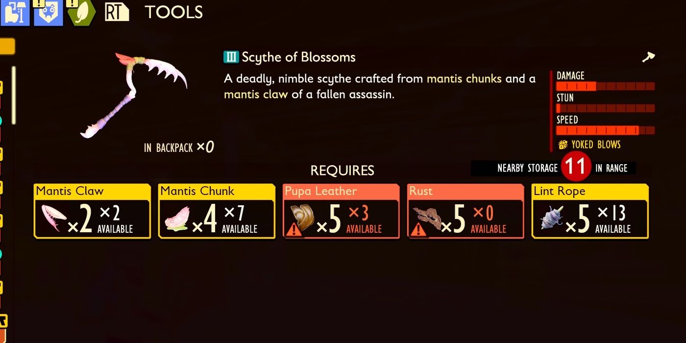 Scythe of Blossoms and its crafting requirements in the inventory menu in Grounded.