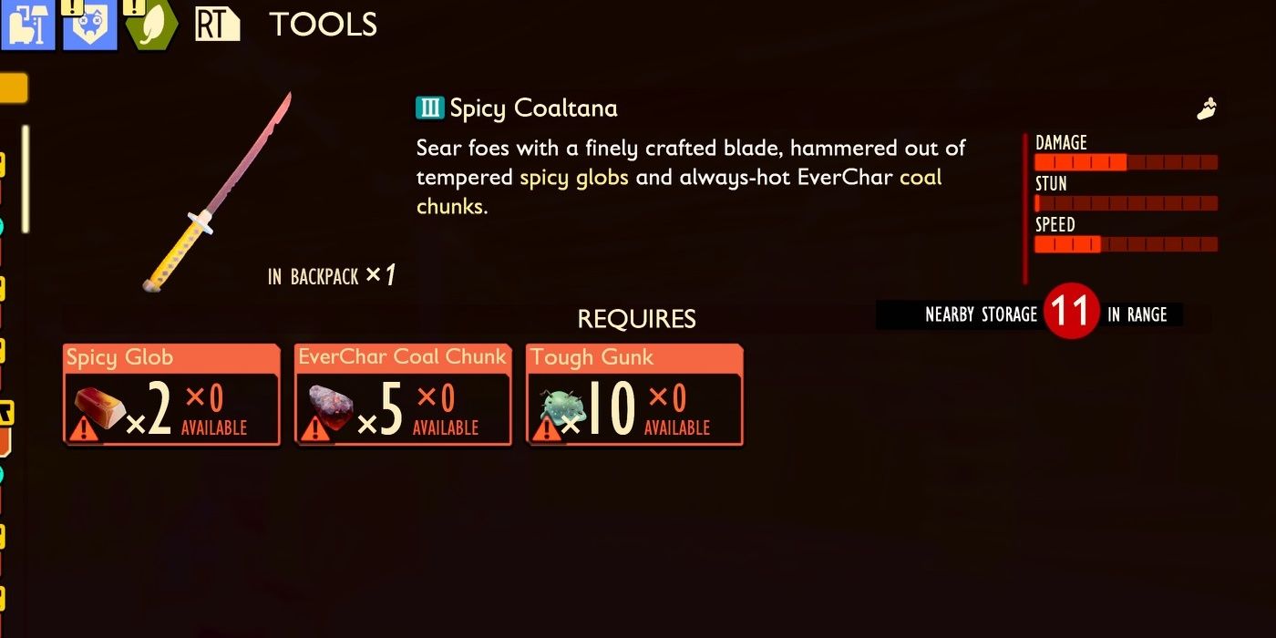 Spicy Coaltana and its crafting requirements in the inventory menu in Grounded.