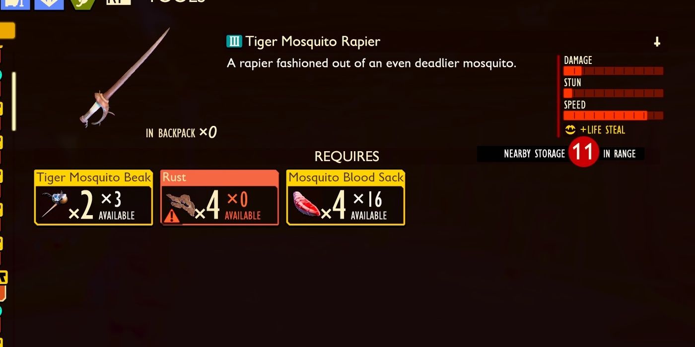 Tiger Mosquito Rapier and its crafting requirements in the inventory menu in Grounded.