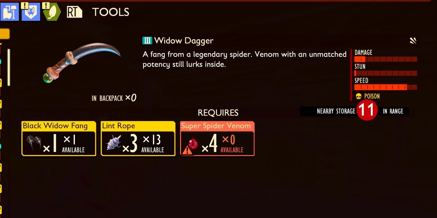 Widow Dagger and its crafting requirements in the inventory menu in Grounded.