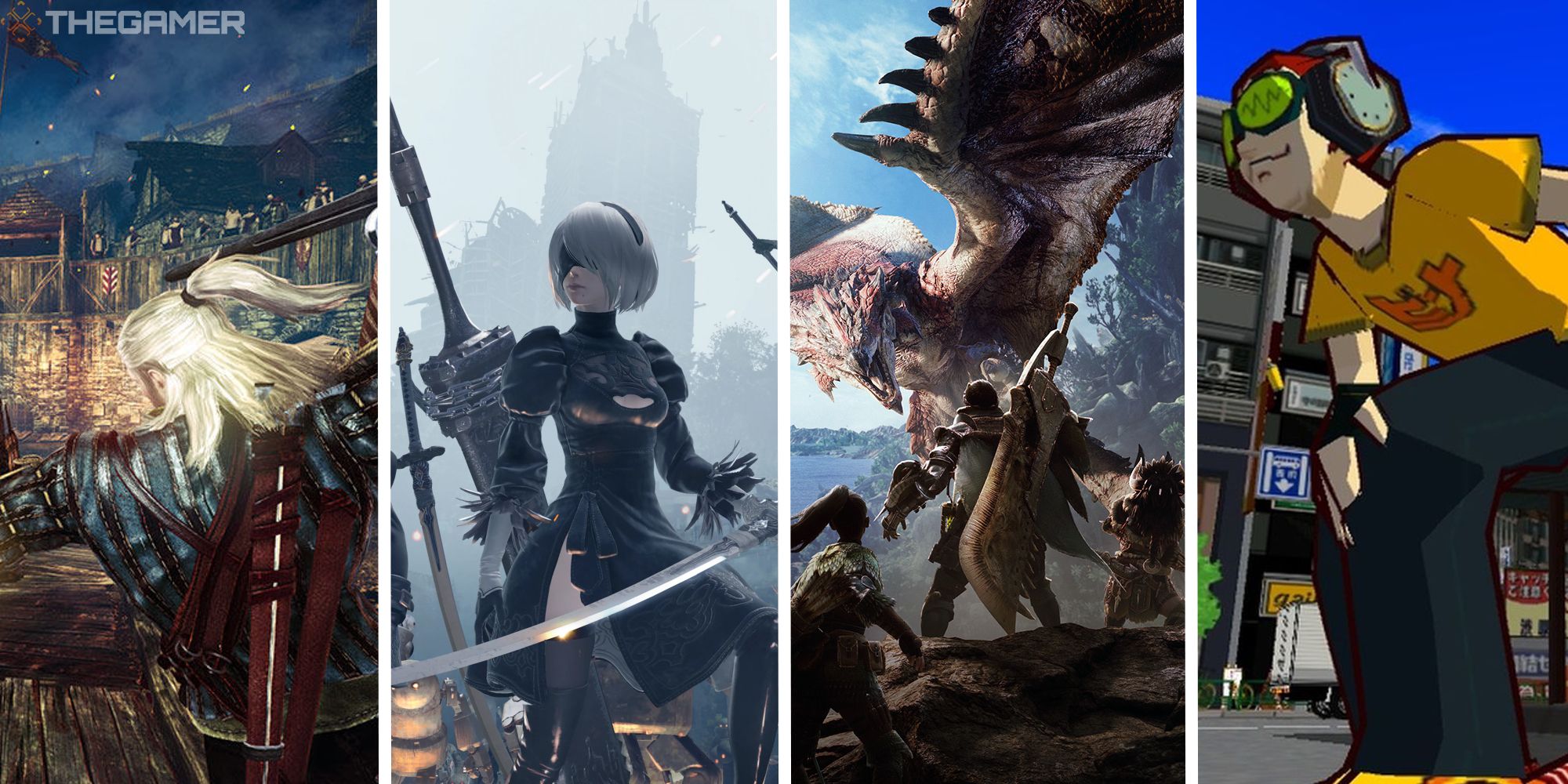 split image showing the witcher 2, nier automata, monster hunter, and jet set radio