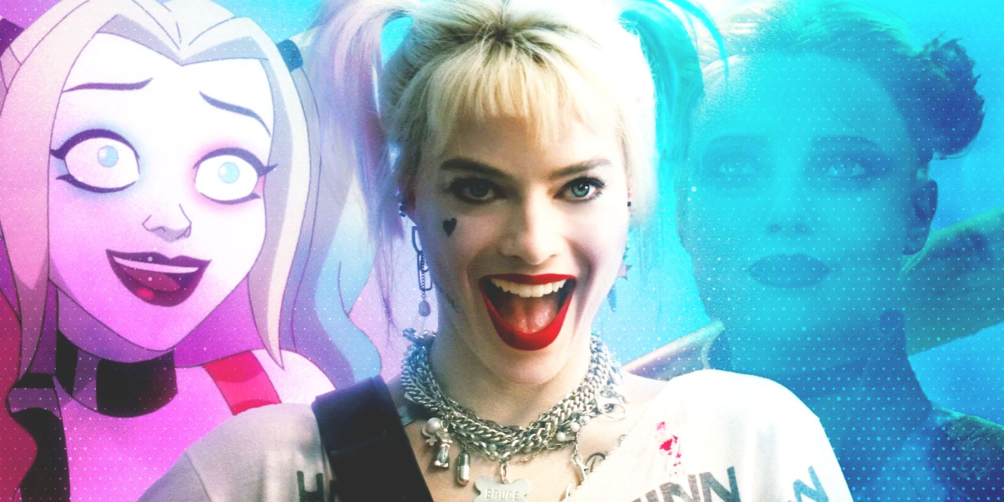 harley quinns in cartoon, live action, and video game format