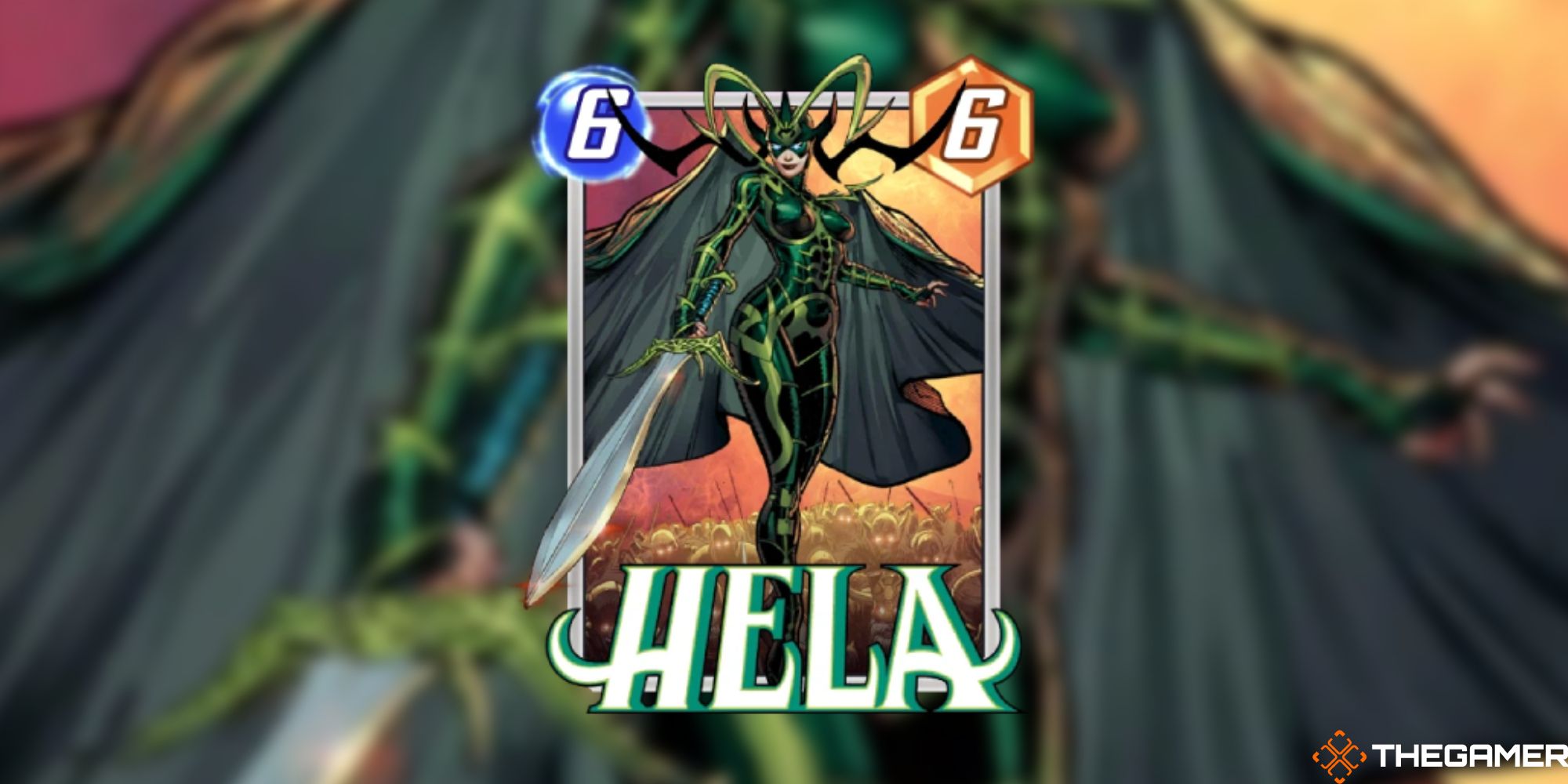 Card art of Hela by Combo Break and Ryan Kinnaird from Marvel Snap