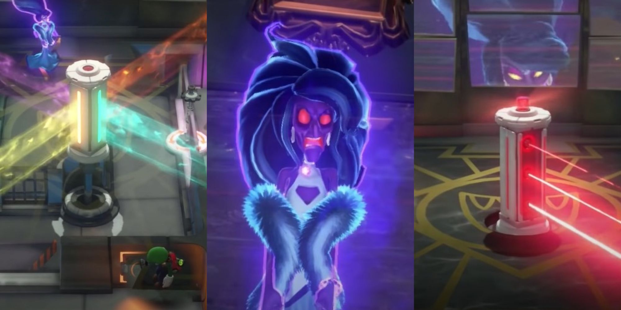 A collage showing lasers and Hellen Gravely in Luigi's Mansion 3