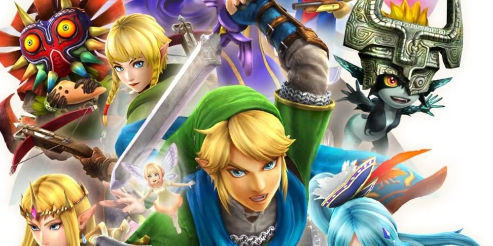 Characters leaping forth in the Hyrule Warriors video game