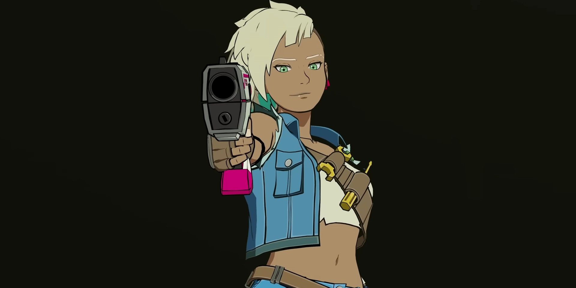 Hi-Fi Rush screenshot of Peppermint holding up her gun toward the camera