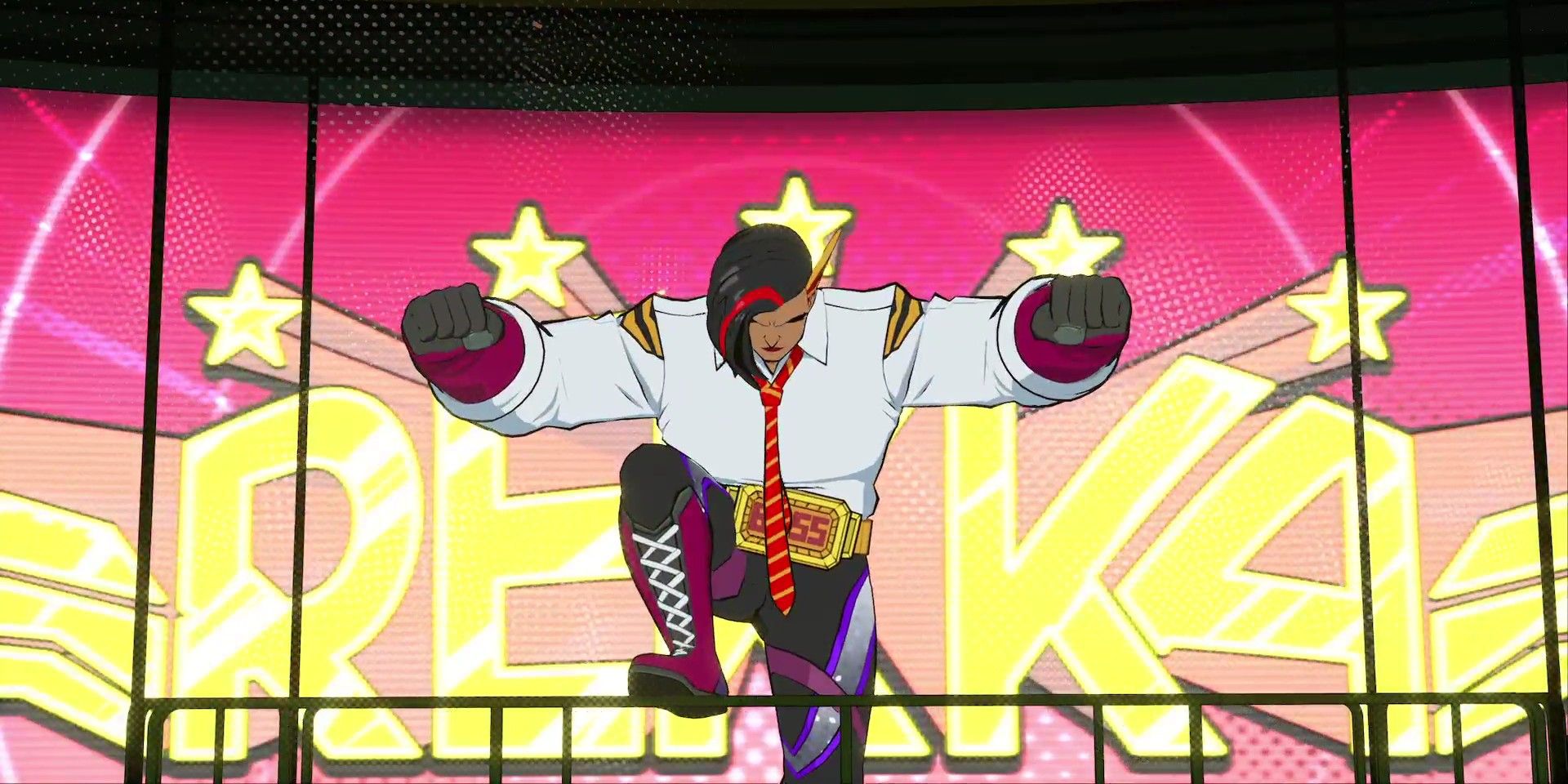 Hi-Fi Rush screenshot of Rekka with one foot on the railing holding her fists up