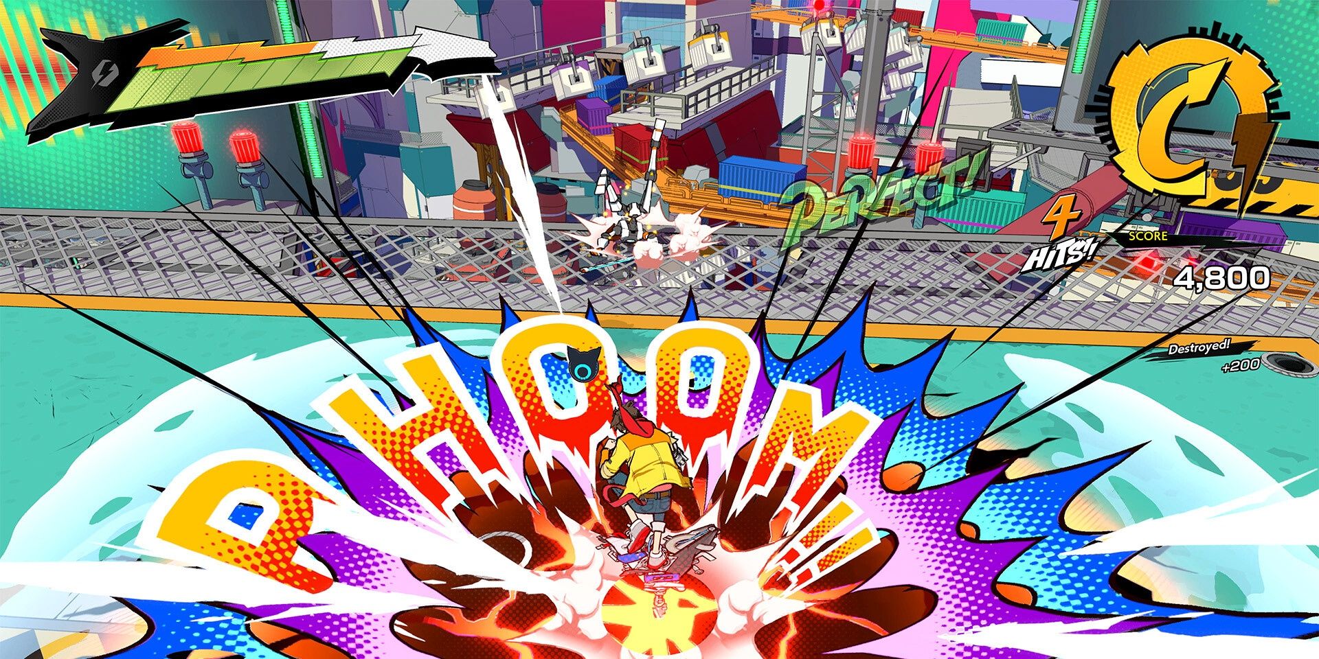 Chai slamming down on an enemy with a "Phoom" splash text in Hi-Fi Rush