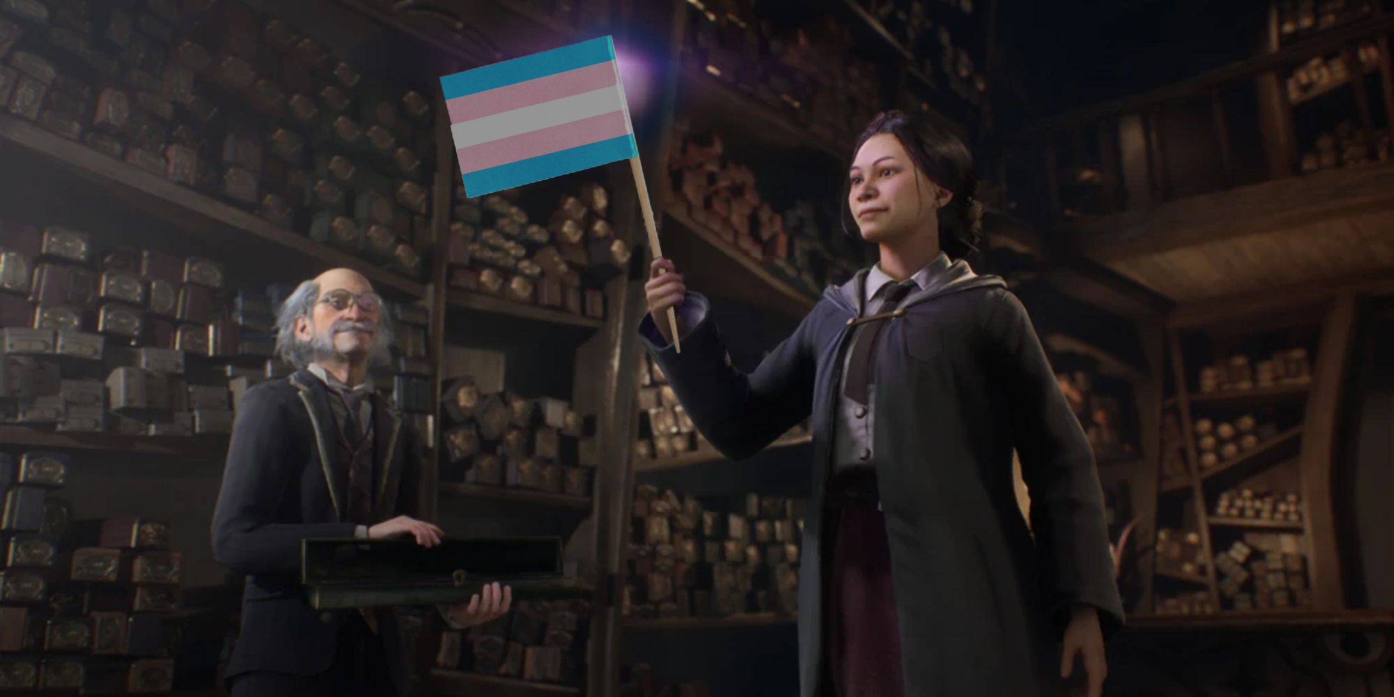Hogwarts Legacy characters holding a trans flag