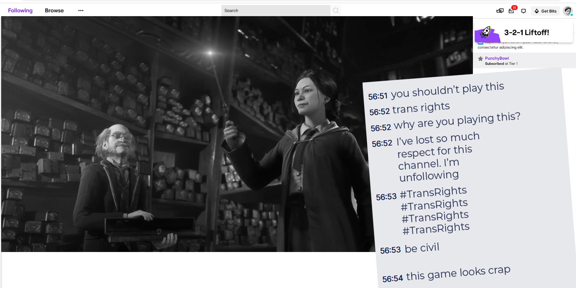 Hogwarts Legacy Twitch screen with viewers talking about trans rights