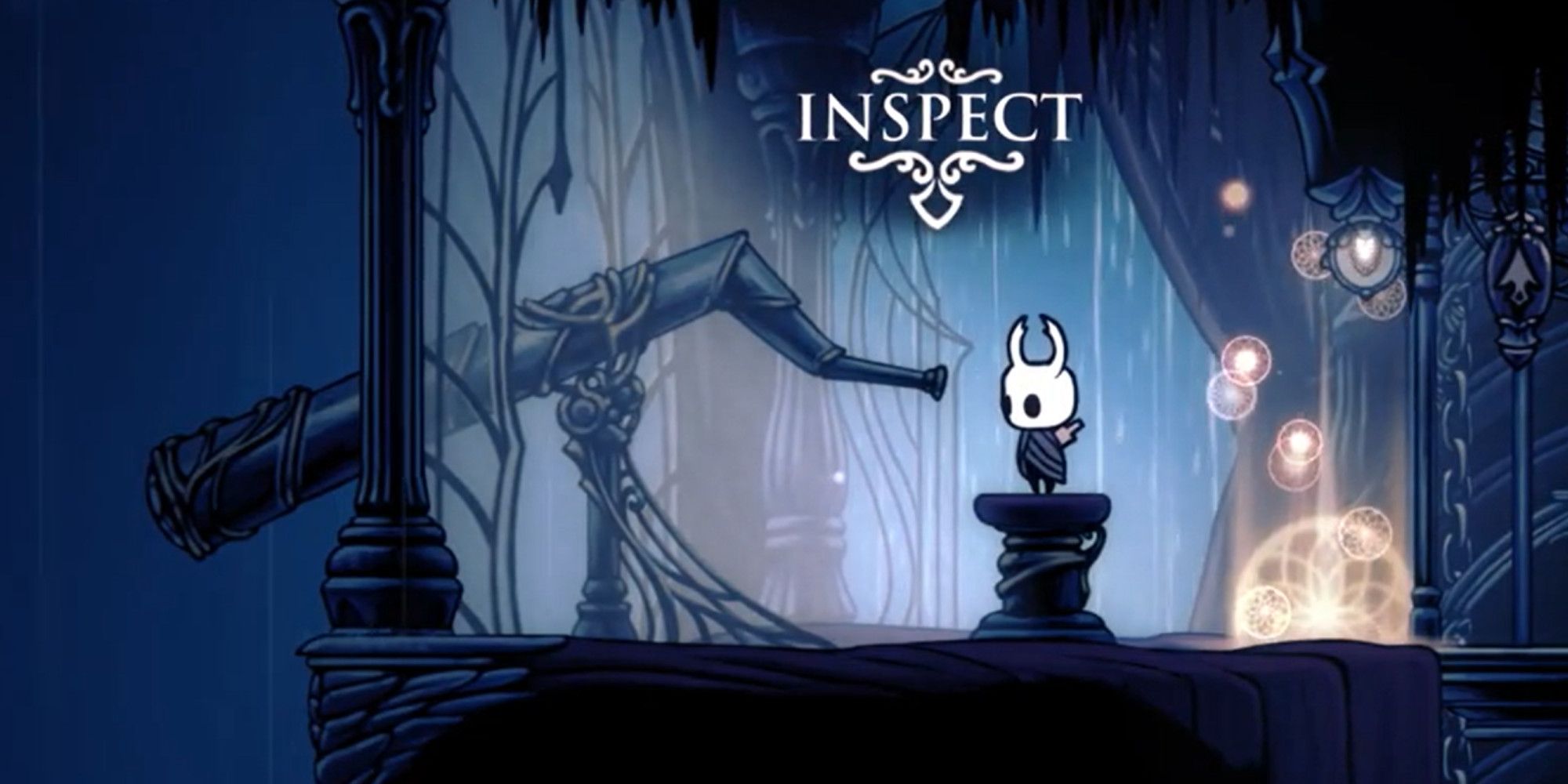 Hollow Knight character stood next to a telescope
