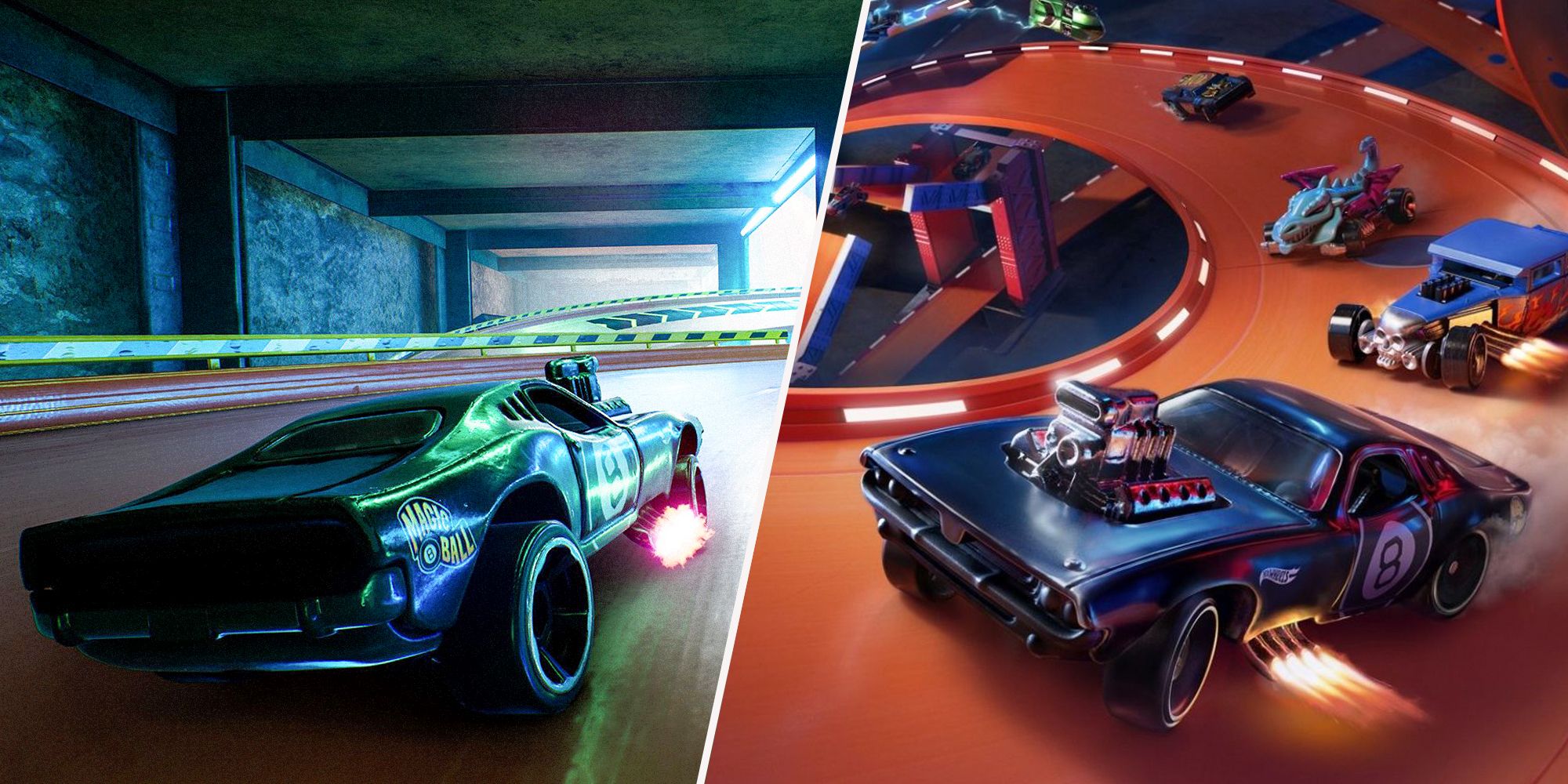 Two photos of cars racing in Hot Wheels Unleashed. The left is a blue and green car on a long track, the right are multiple cars racing each other on a track going downwards.