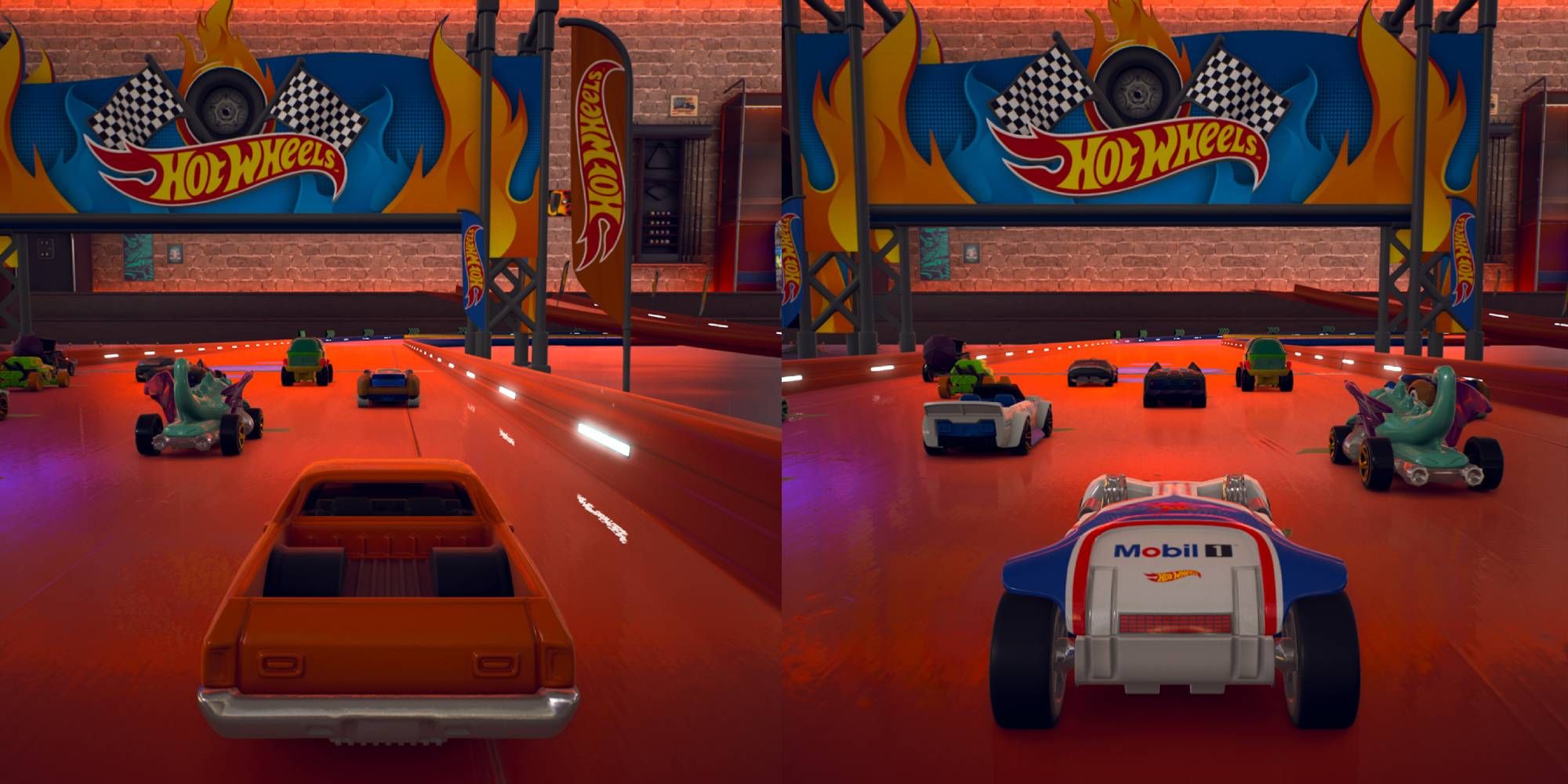 Two cars prepare to set off from the start line in Hot Wheels Unleashed split-screen multiplayer