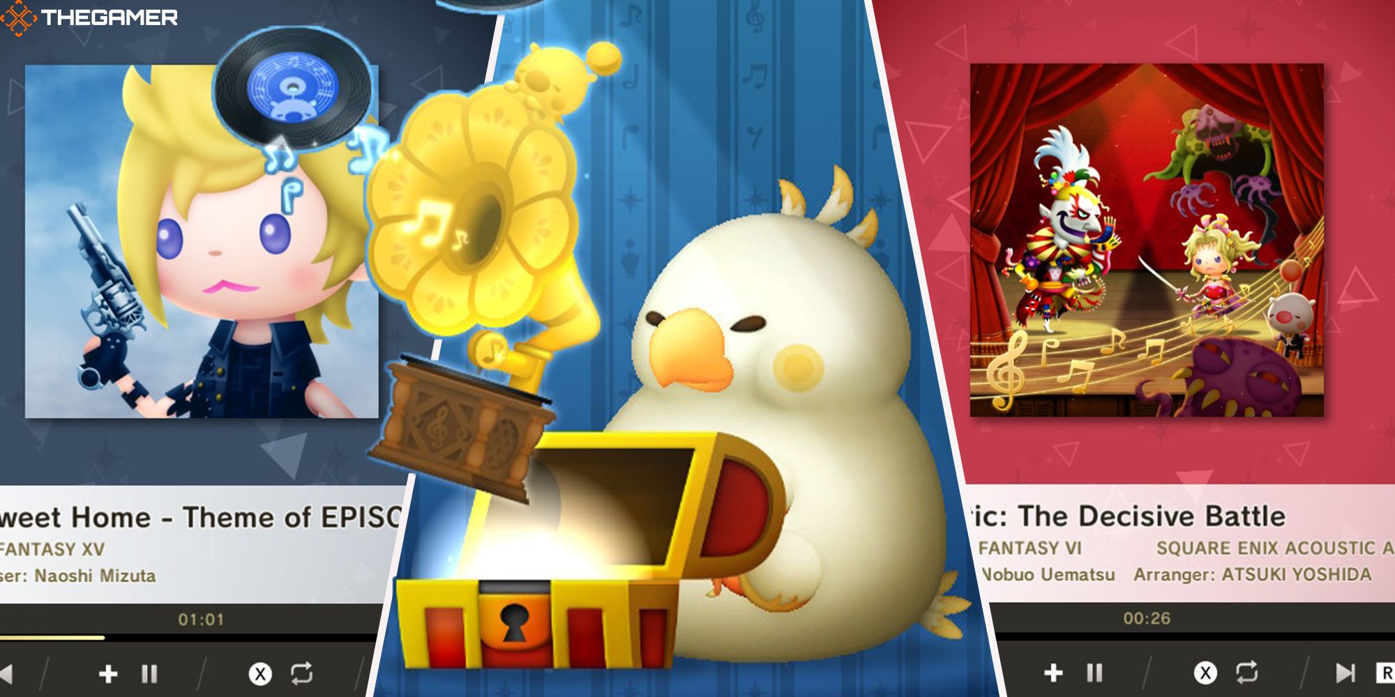 A fat Chocobo sits between two album covers and reveals a gramophone from a treasure chest in this featured image for Theatrhythm: Final Bar Line.