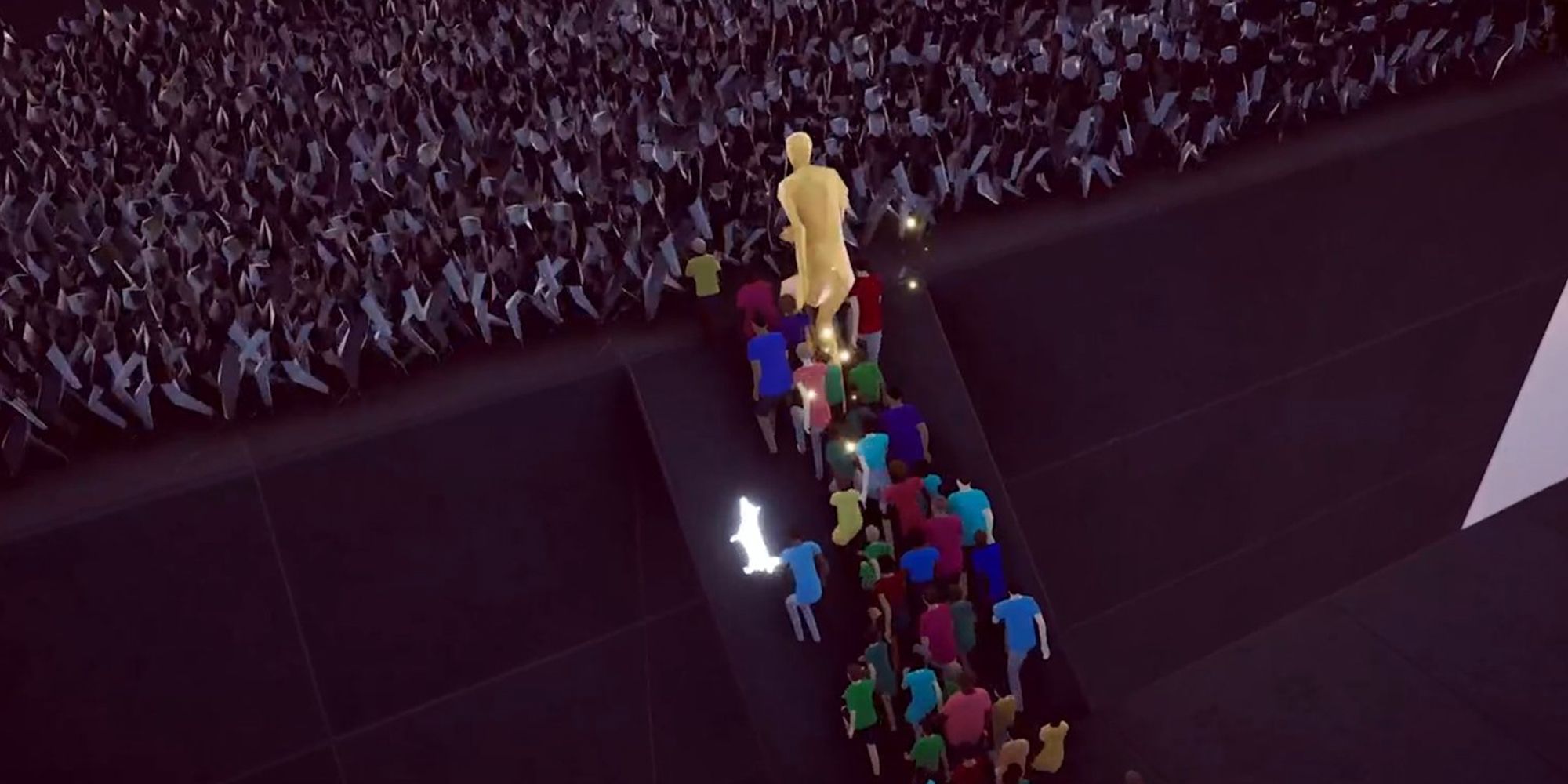 People walking up a ramp guided by a glowing white dog
