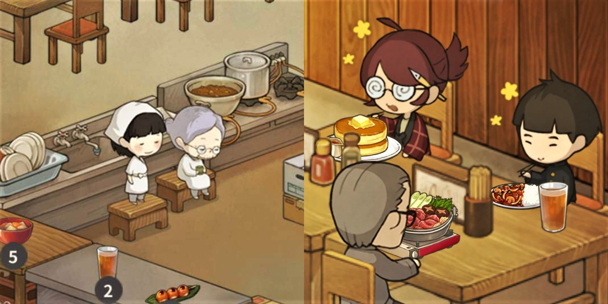 Sue and grandma sitting down by the sink and cooking area (left) and multiple characters eating their food (right) (from Hungry Hearts Diner Neo)