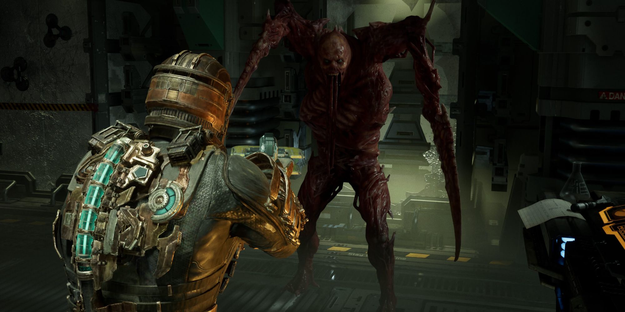 The Hunter after bursting from his containment tube in the Dead Space remake.