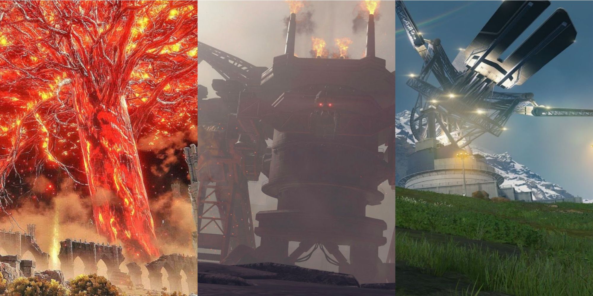 The Erdtree burning in Elden Ring, Engels from Nier Automata, and a weather station from Death Stranding, left to right