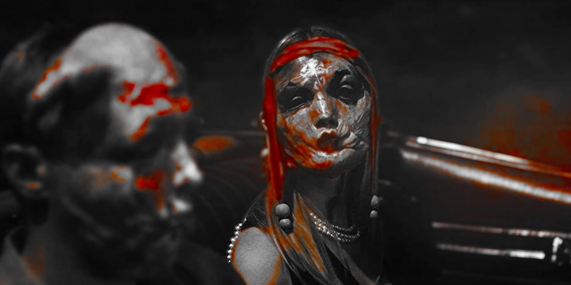 Infinity Pool Alexander Skarsgård and Mia Goth in masks with the red colors highlighted