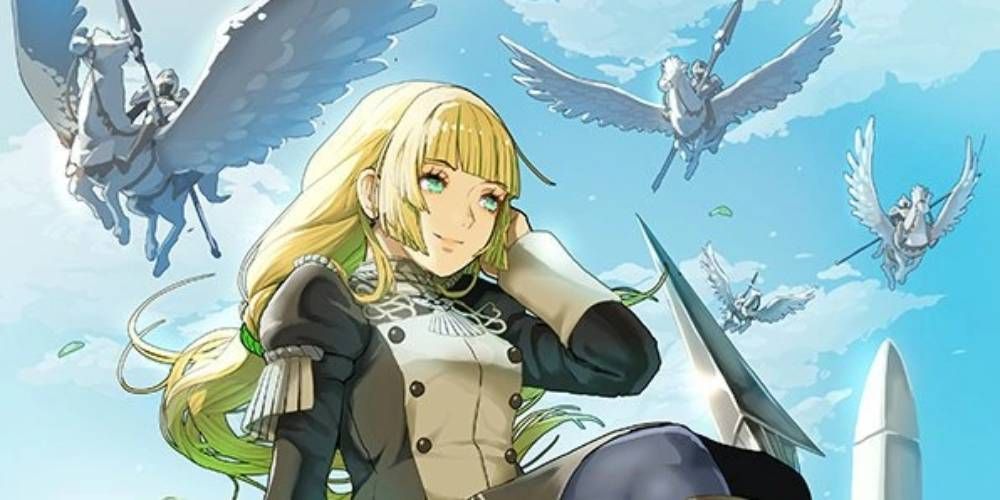 Ingrid Fire Emblem 0 sat against a blue sky filled with Pegasus