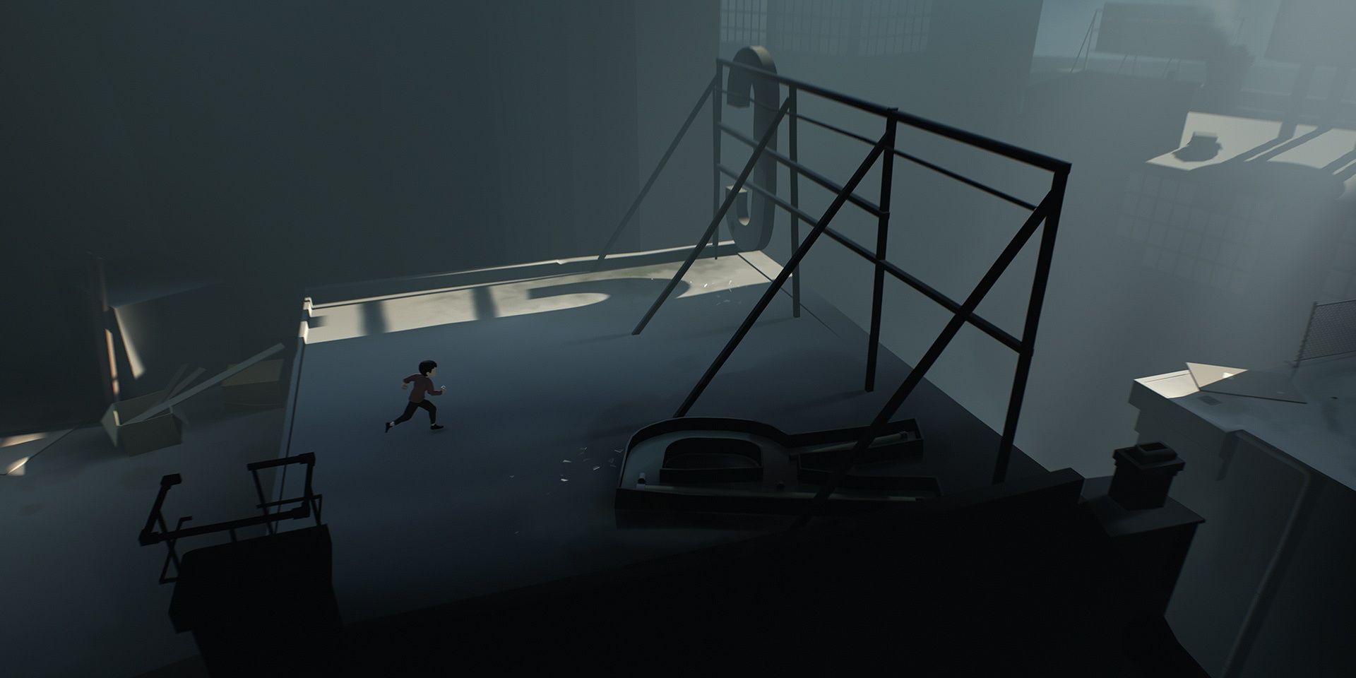 The player character of Inside runs across a platform.