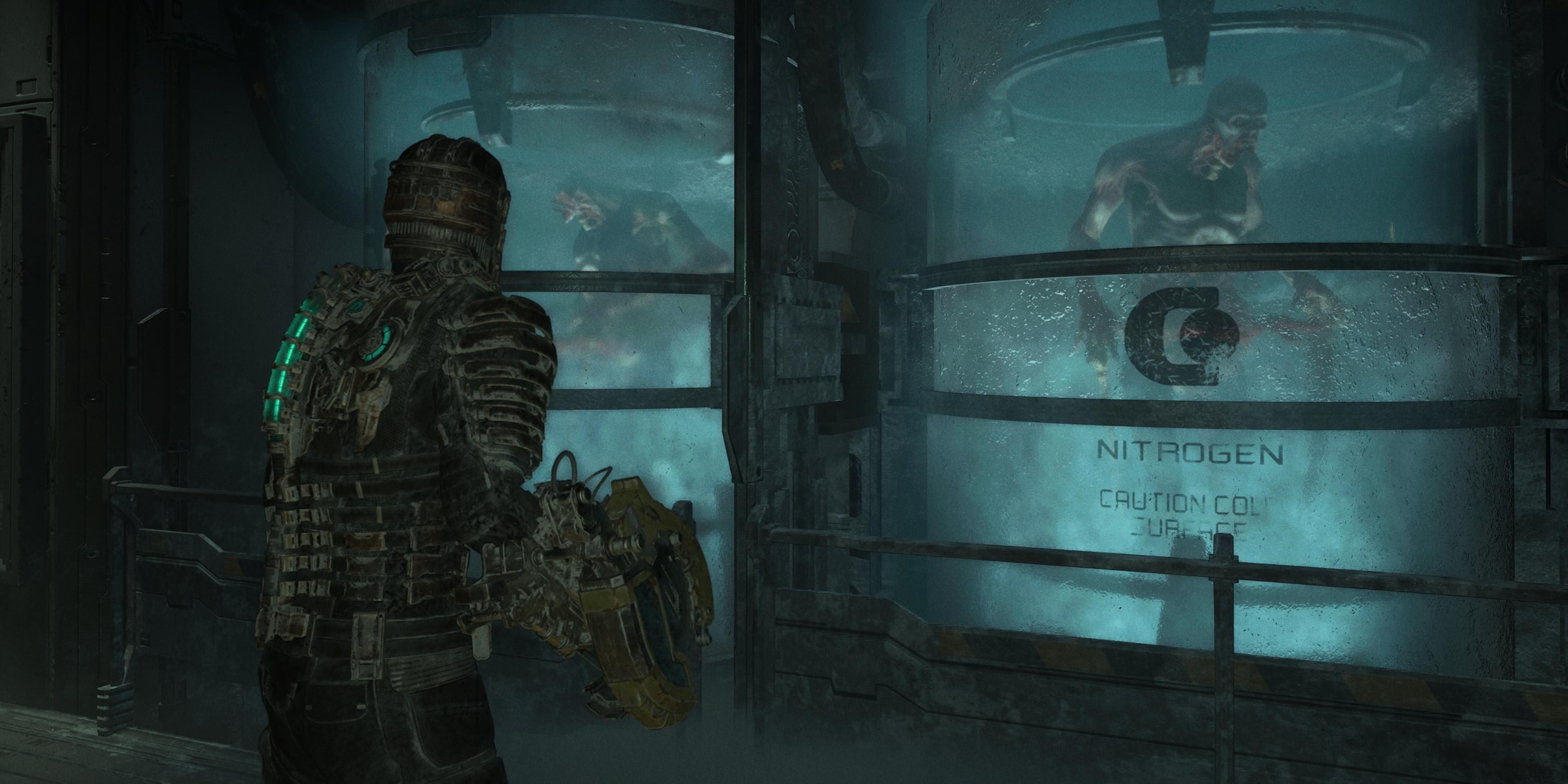Isaac looking at cold chambers containing necromorphs in Dead Space