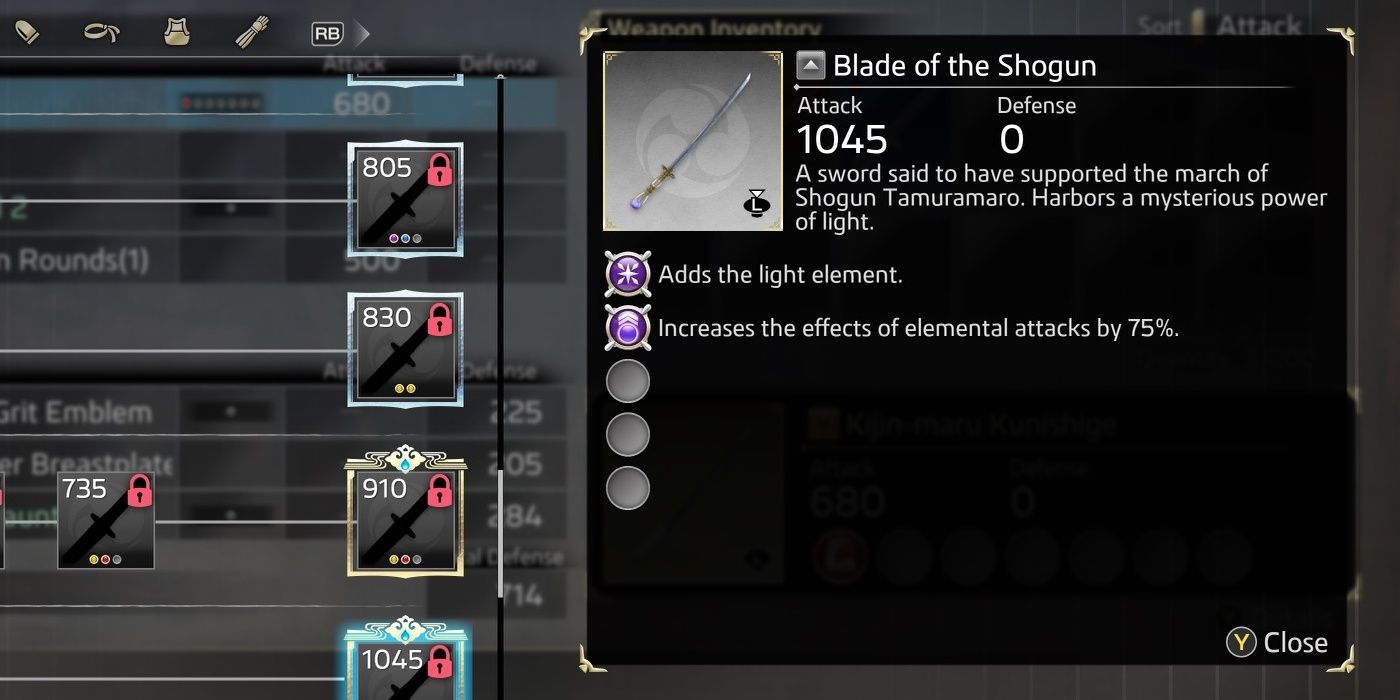 The Blade of the Shogun's item description and augments in the crafting menu.