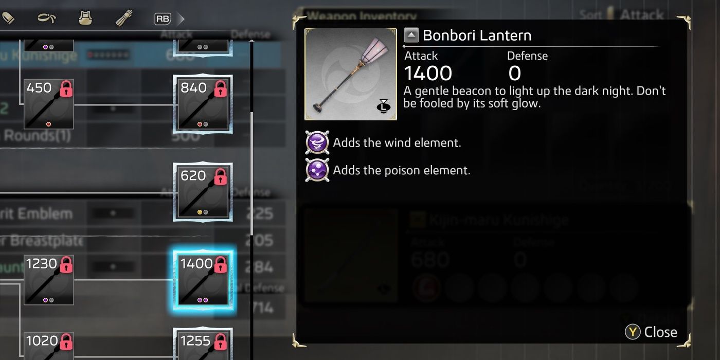 The Bonbori Lantern's item description and augments in the crafting menu.
