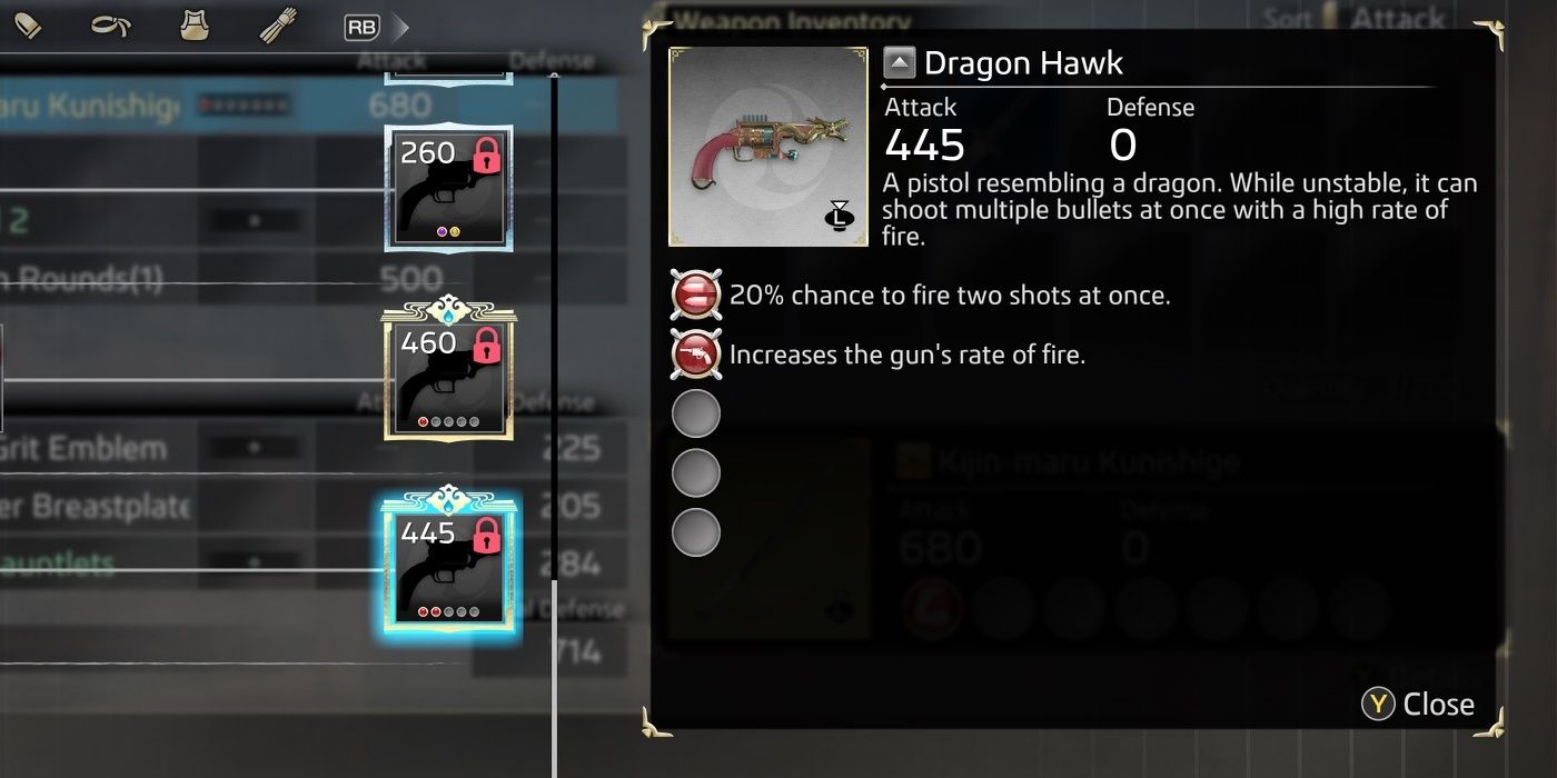The Dragon Hawk's item description and augments in the crafting menu.