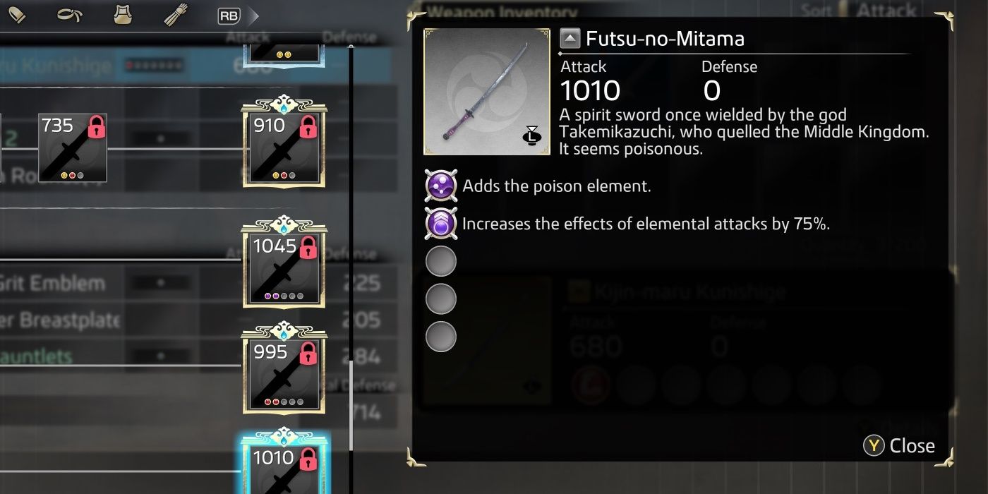 Futsu-no-Mitama's item description and augments in the crafting menu.