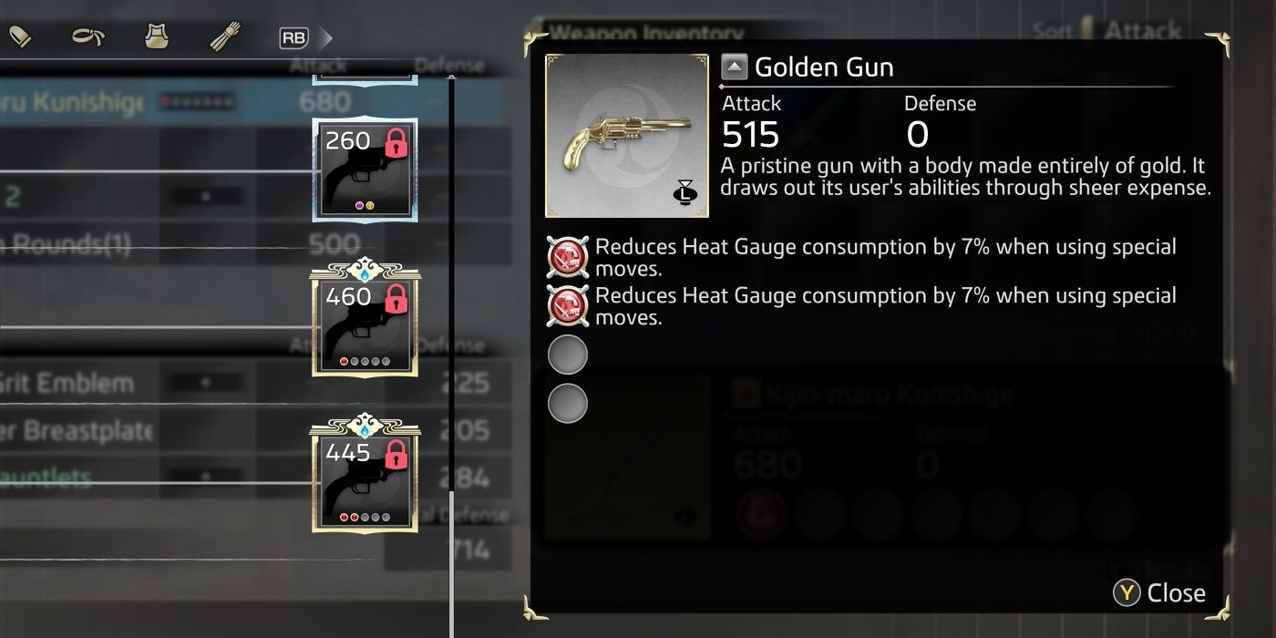 Golden Gun's item description and augments in the crafting menu.