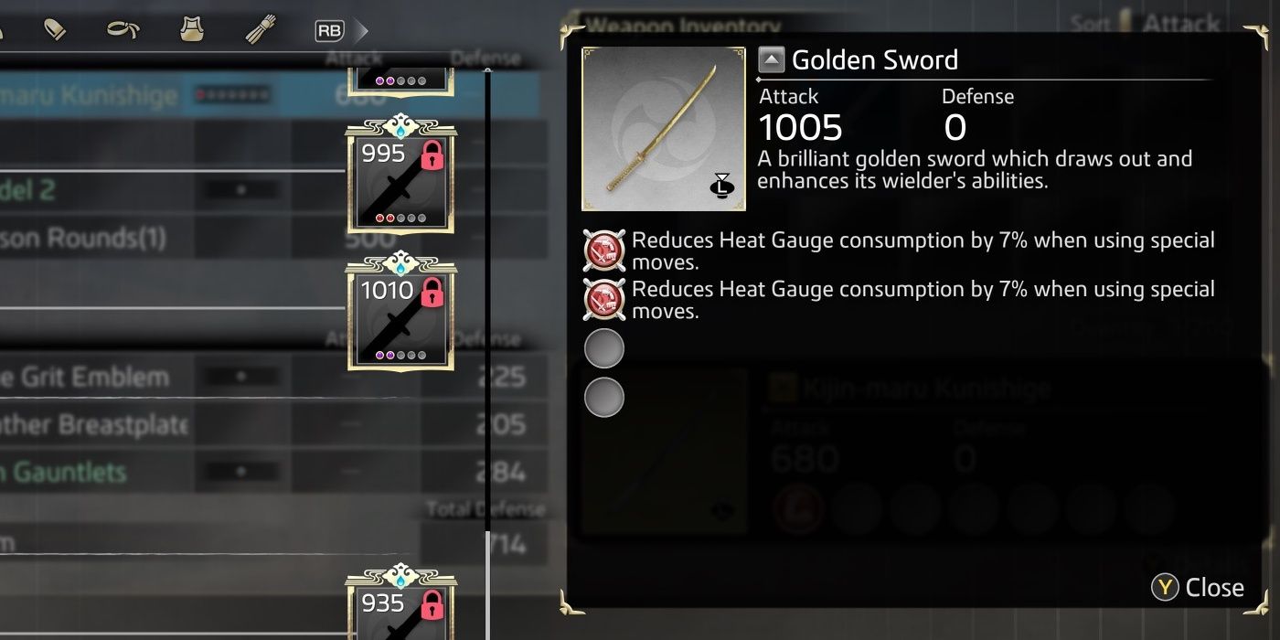 The Golden Sword's item description and augments in the crafting menu.