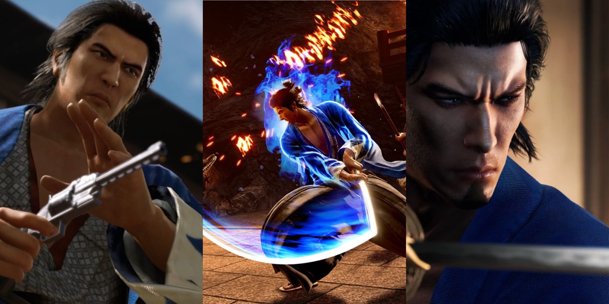 Ryoma fires a gun. Ryoma slashing through his opposition with a katana. Ryoma taking a fighting stance with his blade in Like a Dragon: Ishin.